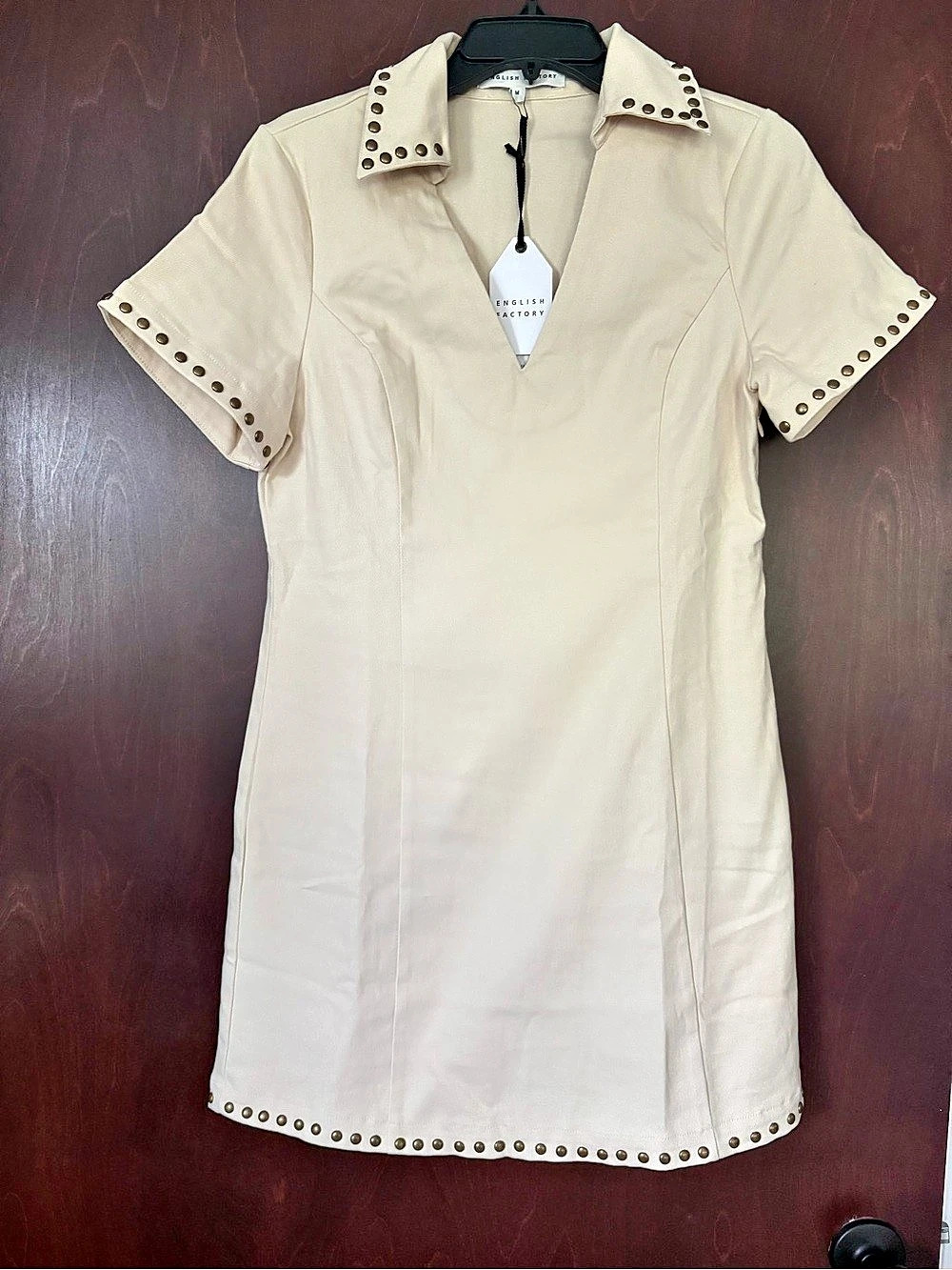 English Factory Beige Denim Studded Katherine Mini Dress in Cream size M